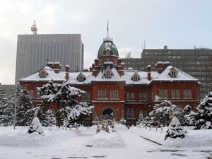 雪が降る中の赤れんが庁舎/名前は小太郎らしい。